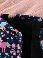 Autumn And Winter Girls' Unicorn Flower Printed Jacket With Plush Insulation Long Sleeved Casual Hooded Jacket.