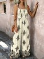 Summer New Women's Woven Position Printing Halterone-piece Overall Pants with Pockets Wide-leg Pants.