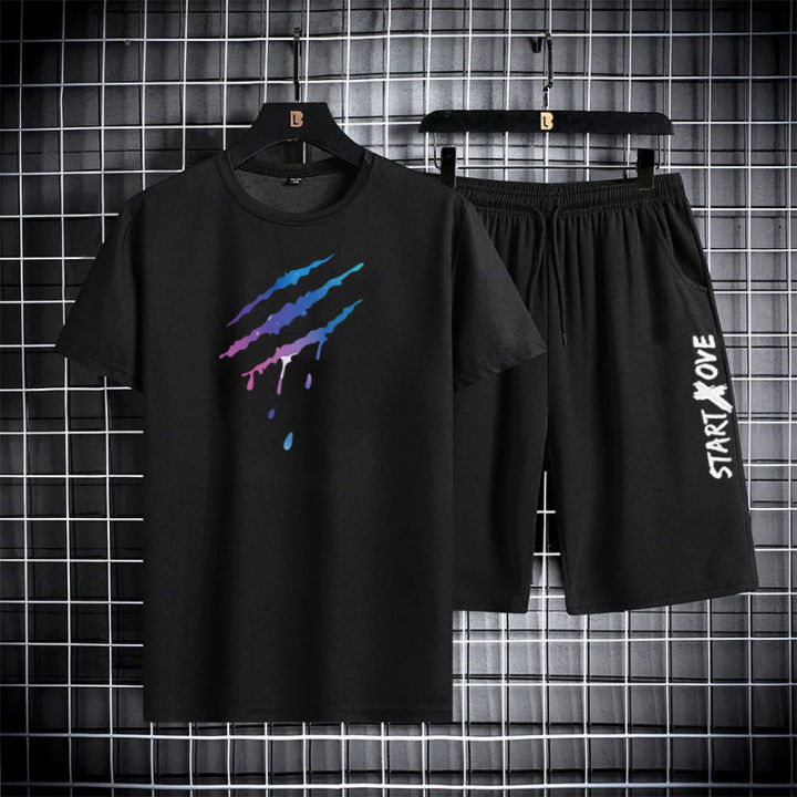 2025 Summer Thin Casual Quick Drying Two Piece Set Men's Set Sports Outdoor Running Short Sleeve T Shirt + Shorts Tracksuit Sets