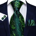 Hi-Tie Dark Green Floral Paisley Silk Wedding Tie For Men Handky Cufflink Gift Men Elegant Necktie Fashion Business Party. 