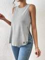 Solid Curved Hem Tank Top Grey Casual Collar Fabric Plain Tank Embellished Medium Stretch Women Clothing. 