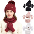 3Pcs Women Winter Hat Scarf Gloves Set Christmas Fur Ball Teenager Beanie Neck Warmer Suit Pompom Knitted Woman Men Cap Set. 