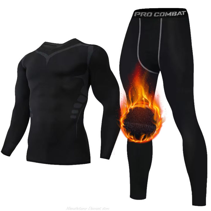 New Winter Warm Men Fleece Thermal Undershirts Long Johns Underwear Set Compression Tights Fitness Sports Tracksuit Set Shirt