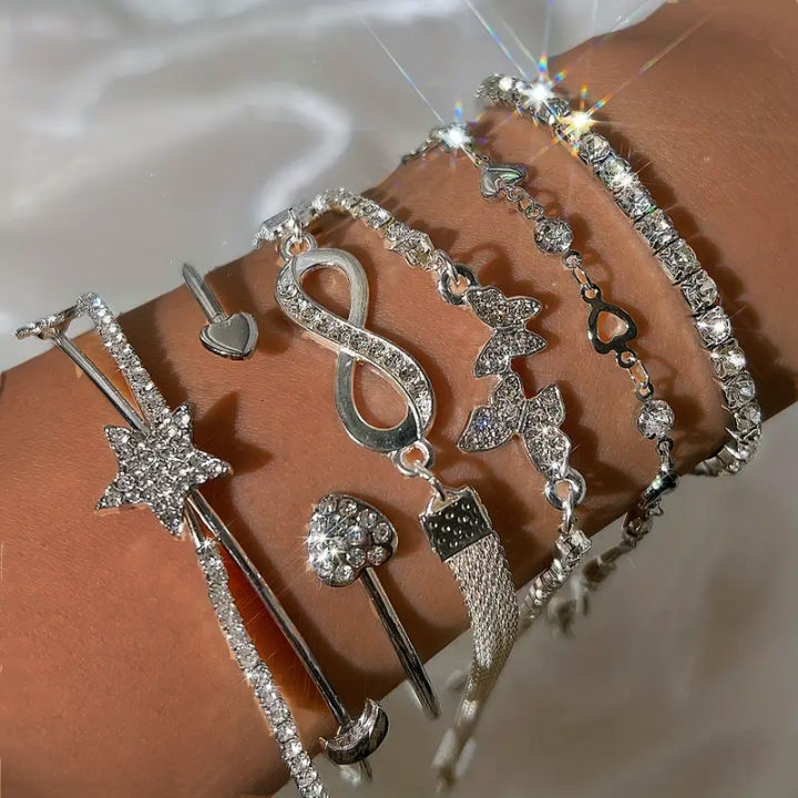 Elegant Sparkling Rhinestone Bracelets Set for Women Butterfly Heart Infinity Star Designs Open Bracelet Daily Wear Jewelry