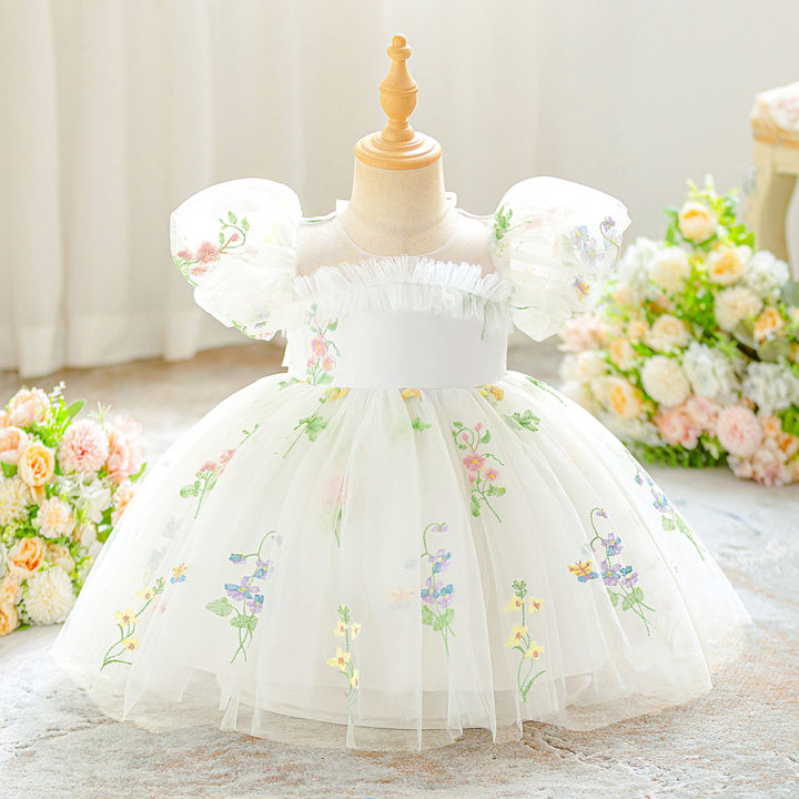 Toddler Embroidery Flower Baptism Party Baby Girl Dress Elegant 1 Yrs Birthday Princess Prom Dress Girl Wedding Bridesmaid Gown