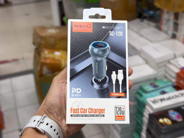 Surpass SC-120 Fast Car Charger WITH USB TO TYPE-C 1M CABLE