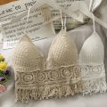 Women Beach Crop Tops Hollow Cover-Ups Perspective Tassel Sexy Spaghetti Strap Swinwear Built In Bra Backlless Halter Neck. 