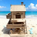 3D wooden house jigsaw puzzle model, DIY construction kit, creative treehouse building set, wooden interlocking blocks. 