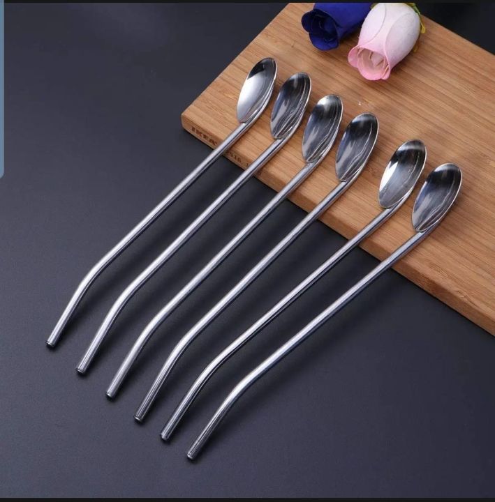 6%20Pcs/Pack%20Stainless%20Steel%20Oval%20Shape%20Metal%20Drinking%20Spoon%20Straw%20Reusable%20Straws%20Cocktail%20Spoons%20Set(Primary%20Color)%20-%20Image%202