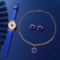 Women's Fashion Quartz Watch Blue Leather Band Analog WristWatch Luxury Ladies Classic Simple Dress Watches Jewelry Set Clock.