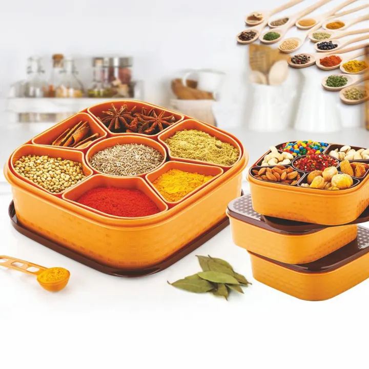 Masala Set Plastic Masala Box Set with 7 Compartments for Spices and Rangoli Brown ...