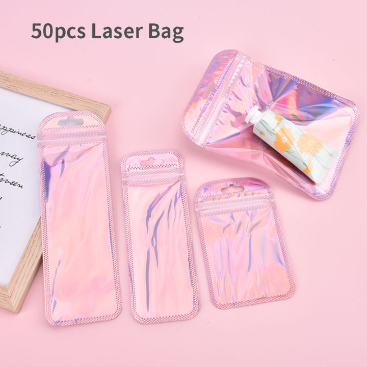 50pcs/Packs Resealable Holographic Bags Cute Eyelash Packaging Bags For Lip Gloss Lash Foil Small Ziplock Bags