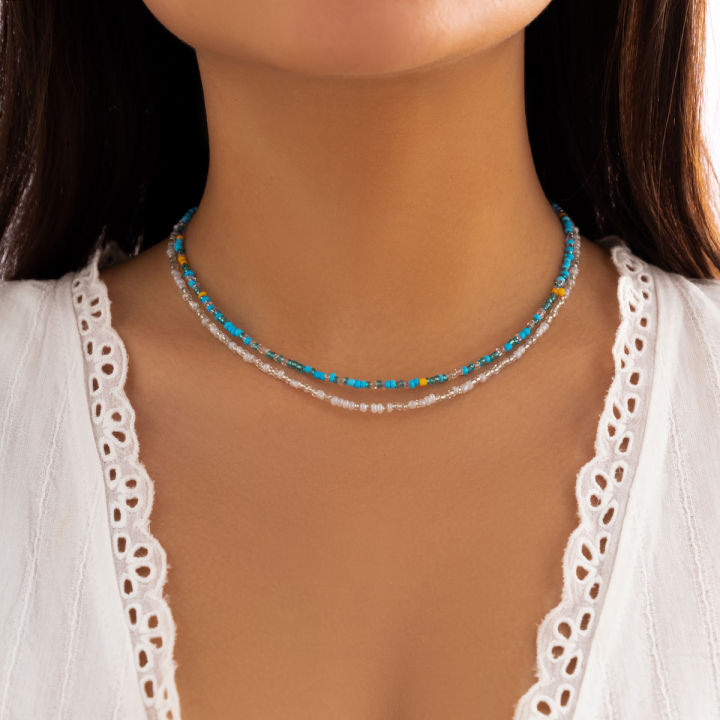Lacteo Bohemia Multicolour Acrylic Seed Beads Necklace Women Handmade Strand Beaded Choker Short Neck Chain Simple Jewelry Party