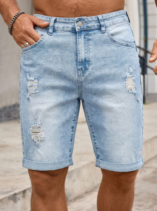 Men%20Denim%20Jeans%20Pants%20Clothing%20Trousers%20Shorts%20Men's%20Light%20Wash%20Ripped%20Rolled%20Cuff%20Denim%20Shorts%20-%20Image%205