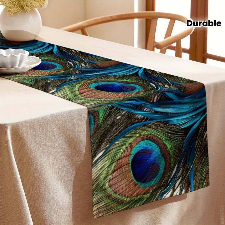 1pc Abstract Peacock Feather Linen Table Runner - Kitchen/Dining Decor, Perfect for Holiday Party Table Centerpiece