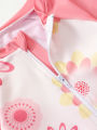 Baby Girl Summer Cute Flower Long Sleeve Onesie Swimsuit with Sun Hat Infant Swimming Suit with UV Protection. 