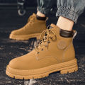 Men's high top boots four season outdoor work shoes anti slip and comfortable yellow boots fashion British casual leather boots. 