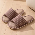 Women Spring and Autumn Slippers Fashion Stripe Flax Indoor Non-slip Comfy Soft Sole Couple Bedroom Causal Flat Shoes. 