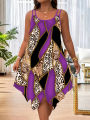 Plus-size women's fashion asymmetrical geometric stripes printed double strap dress.