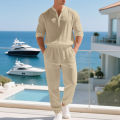 American loose linen set for men autumn Hawaiian home commuter thin Henry shirt long sleeve pants set.