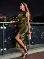 Women's Velvet Maxi Dress Sleeveless High Neck Ruched Bodycon Evening Party Formal Long Dress. 