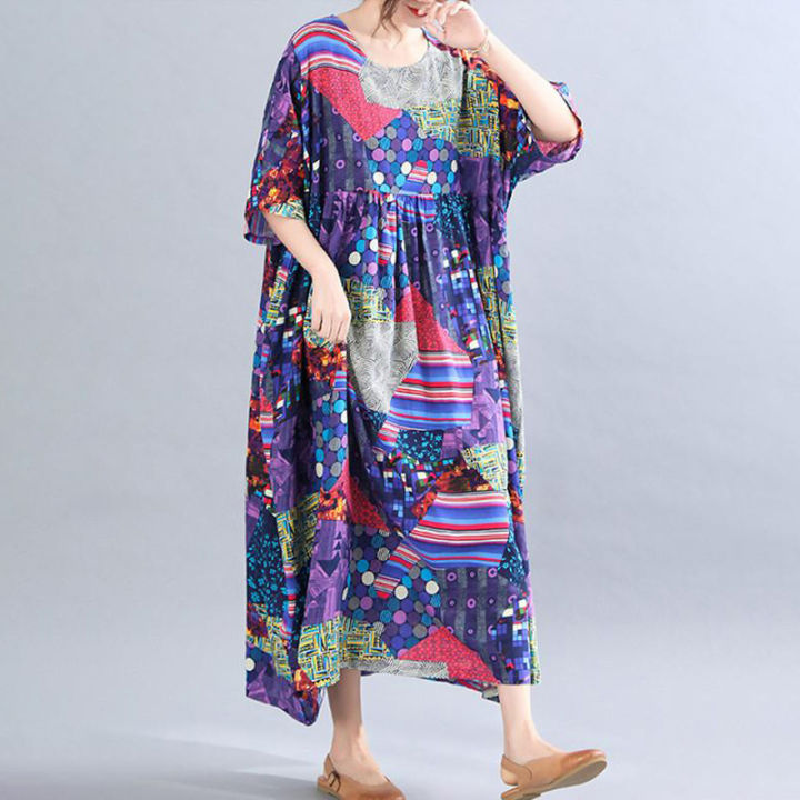 Plus%20size%20women's%20dress,%20abstract%20pattern%20printed%20short%20sleeved%20round%20neck%20ultra%20loose%20robe,%20summer%20beach%20dress%20with%20pockets%20-%20Image%204