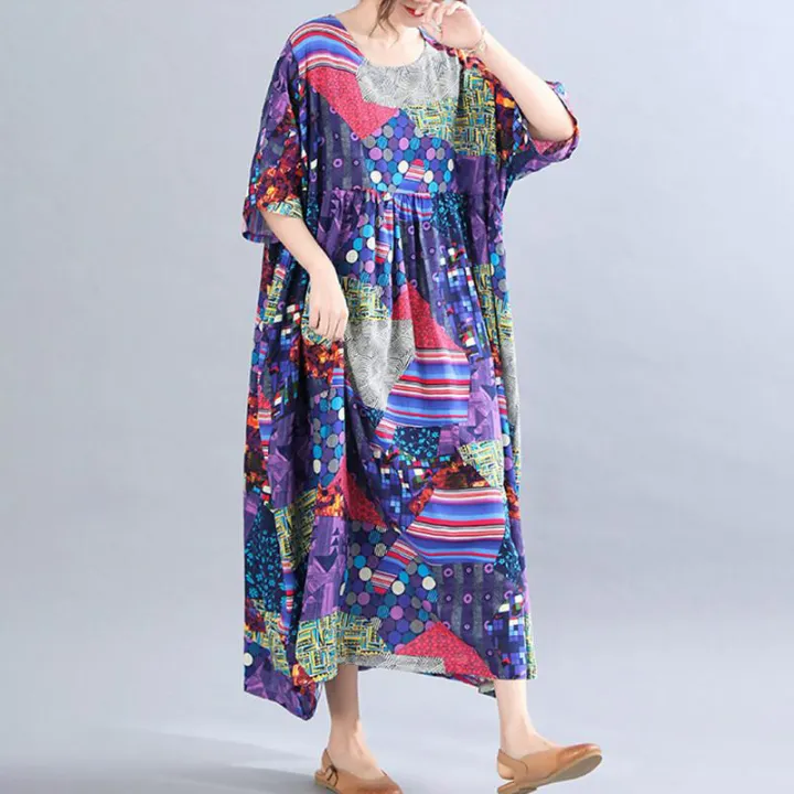 Plus%20size%20women's%20dress,%20abstract%20pattern%20printed%20short%20sleeved%20round%20neck%20ultra%20loose%20robe,%20summer%20beach%20dress%20with%20pockets%20-%20Image%204