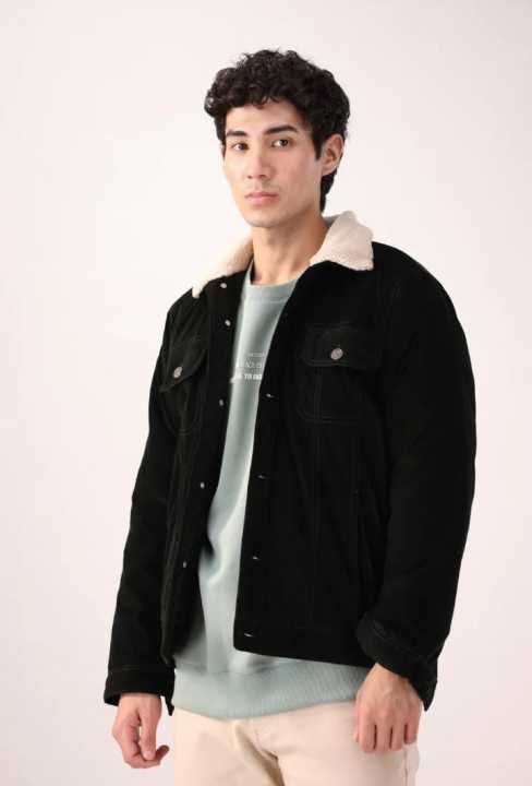 Men's Black Fur Slim Fit Denim Jacket