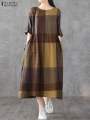 ZANZEA Women Cotton Linen Dresses Vintage Plaid Half Sleeve Midi Vestidos Casual O-neck Long Sundress 2023 Holiday Pocket Robes.