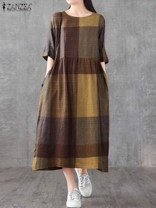 ZANZEA%20Women%20Cotton%20Linen%20Dresses%20Vintage%20Plaid%20Half%20Sleeve%20Midi%20Vestidos%20Casual%20O-neck%20Long%20Sundress%202023%20Holiday%20Pocket%20Robes%20-%20Image%203