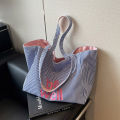 Large Capacity Tote Double-sided New Striped Casual Single Shoulder Textured Embroidered Canvas Bag for Students. 