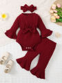 Baby girl autumn and winter casual fashion texture fabric round neck double-layer flared sleeves bow bow front jumpsuit and flar. 