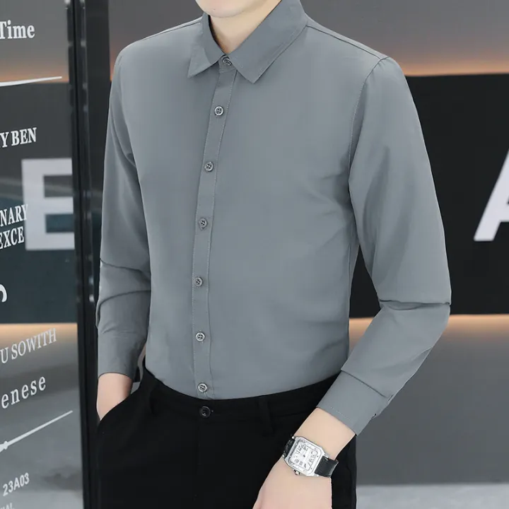 Anti-Wrinkle Men's Shirts Long Sleeve Dress Shirts Male Slim Fit Camisa Social Business Blouse Gray Office Classic Shirt 5XL