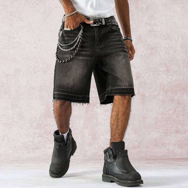 Men's Spring and Summer Street Fashion Casual Frayed-Hem Loose Wide-Leg Black Denim Shorts