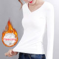 Thermal Underwear Women Bottoming Shirt Fleecing Winter Slim Basic Long-Sleeved T-Shirt Thin Velvet Heating Fiber Cropped Tops.