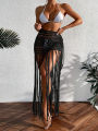 Crochet Tassel Bikini Cover Up Dress Beach Wear Women Tie Up Bather Bathing Suit Tassel Long Skirt Swimsuit Cover Up Beach Dress. 