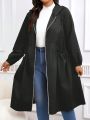 Plus Size Solid Drawstring Zip Up Hooded Coat, Casual Long Sleeve Pocket Outerwear for Fall & Winter, Women's Clothes for Daily. 