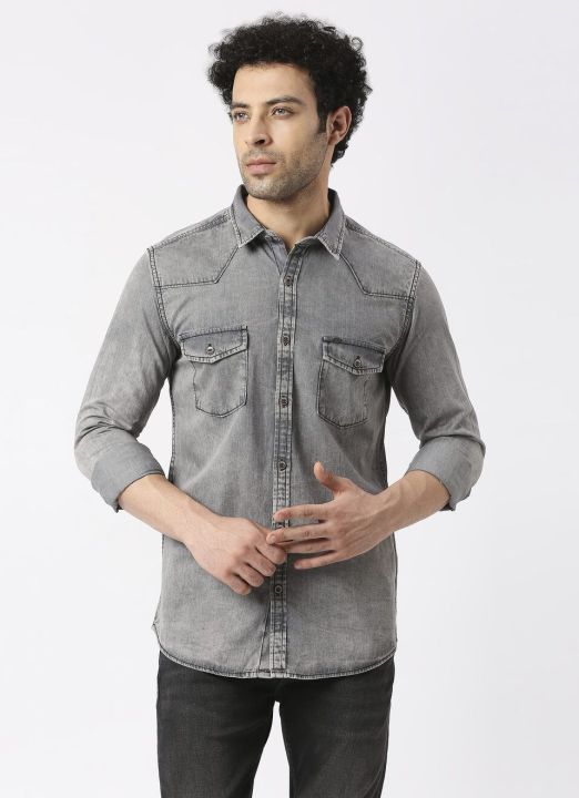 BRANDED DENIM CASUAL SHIRT for Men and Boys Grey Denim shirt Premium Quality and Stylish Fit Dress Shirt Ideal for a Fashionable Look Daraz.pk