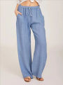 Summer and Autumn Women Cotton Linen Pants Solid Casual Elastic Waist Pockets Wide Leg Trousers Fashion Ladies Straight Pants. 