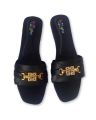 Gold Buckle Flat Sandal For Women, Crystal Slide Chappal Shoes,  Ladies Fancy Comfortable Footwear, Black Mehroon. 