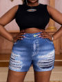Plus-size women's shorts imitation jeans printed holes design casual fashion comfortable summer tight hot pants.