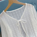 2026 White Tie Up Summer Cardigan Women  Long Sleeve Sheer Mesh Crop Tops Woman Chic All Match Short Printed T Shirt Mujer. 