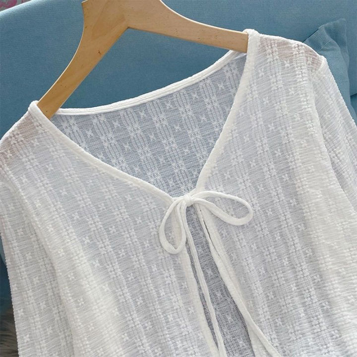 2026%20White%20Tie%20Up%20Summer%20Cardigan%20Women%20%20Long%20Sleeve%20Sheer%20Mesh%20Crop%20Tops%20Woman%20Chic%20All%20Match%20Short%20Printed%20T%20Shirt%20Mujer%20-%20Image%204