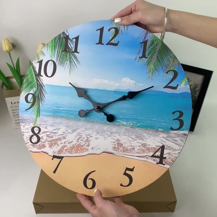 Light Luxury Beach Pattern Wooden Wall Clock for Living Room, Bedroom, Kitchen, Home Decoration, Silent Quartz Clock, Holiday Gift, 10 Inches, 12 Inches (No Battery) home decoration item