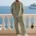 Cross-border Autumn Linen Men's Casual Suit Loose Hooded Henley Shirt Long Sleeve Pants Suit. 