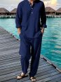 Men's Shirt Pants Suit Summer Breathable Beach Hawaiian Vacation Casual Long Sleeves Set Solid Color Loose Jogging Trousers.