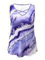 Plus Size Marble Print Tank Top Casual Criss Cross Sleeveless V Neck Top For Summer & Spring Women's Plus Size Clothing. 
