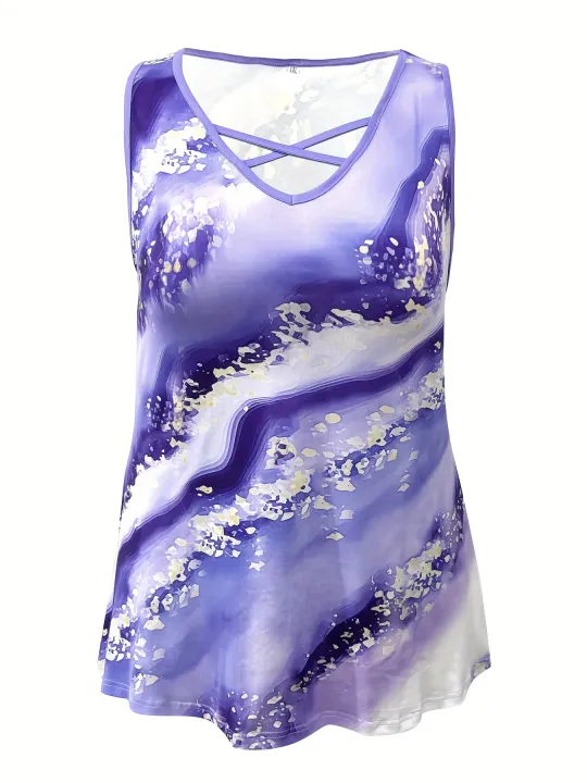 Plus%20Size%20Marble%20Print%20Tank%20Top%20Casual%20Criss%20Cross%20Sleeveless%20V%20Neck%20Top%20For%20Summer%20&%20Spring%20Women's%20Plus%20Size%20Clothing%20-%20Image%204
