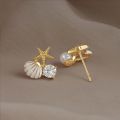 Starfish Shell Stud White Color Earrings for Women Small Cute Imitation Pearl Earrings Banquet Wedding Jewelry. 
