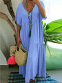 Plus Size 2025 Summer New V-neck Short Sleeve Pleated Solid Colour Loose Casual Midi Dress Basic Hem Pleated. 